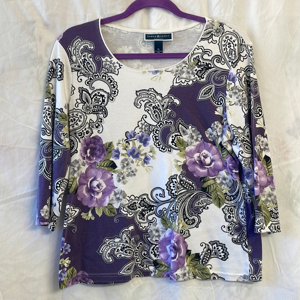 Karen Scott purple and white paisley blouse, size women’s petite large.